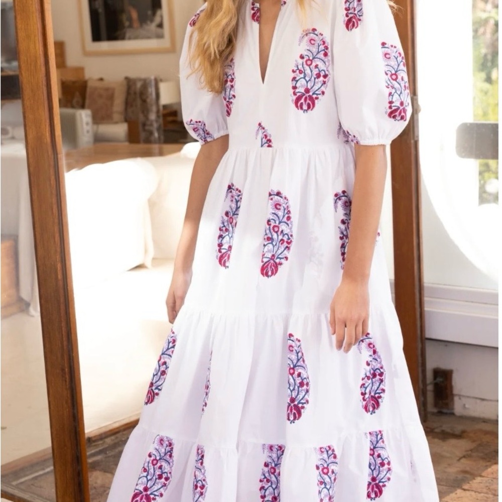 Oliphant Verna Red White Maxi Dress with Pink Floral Accents - Picture 4 of 6